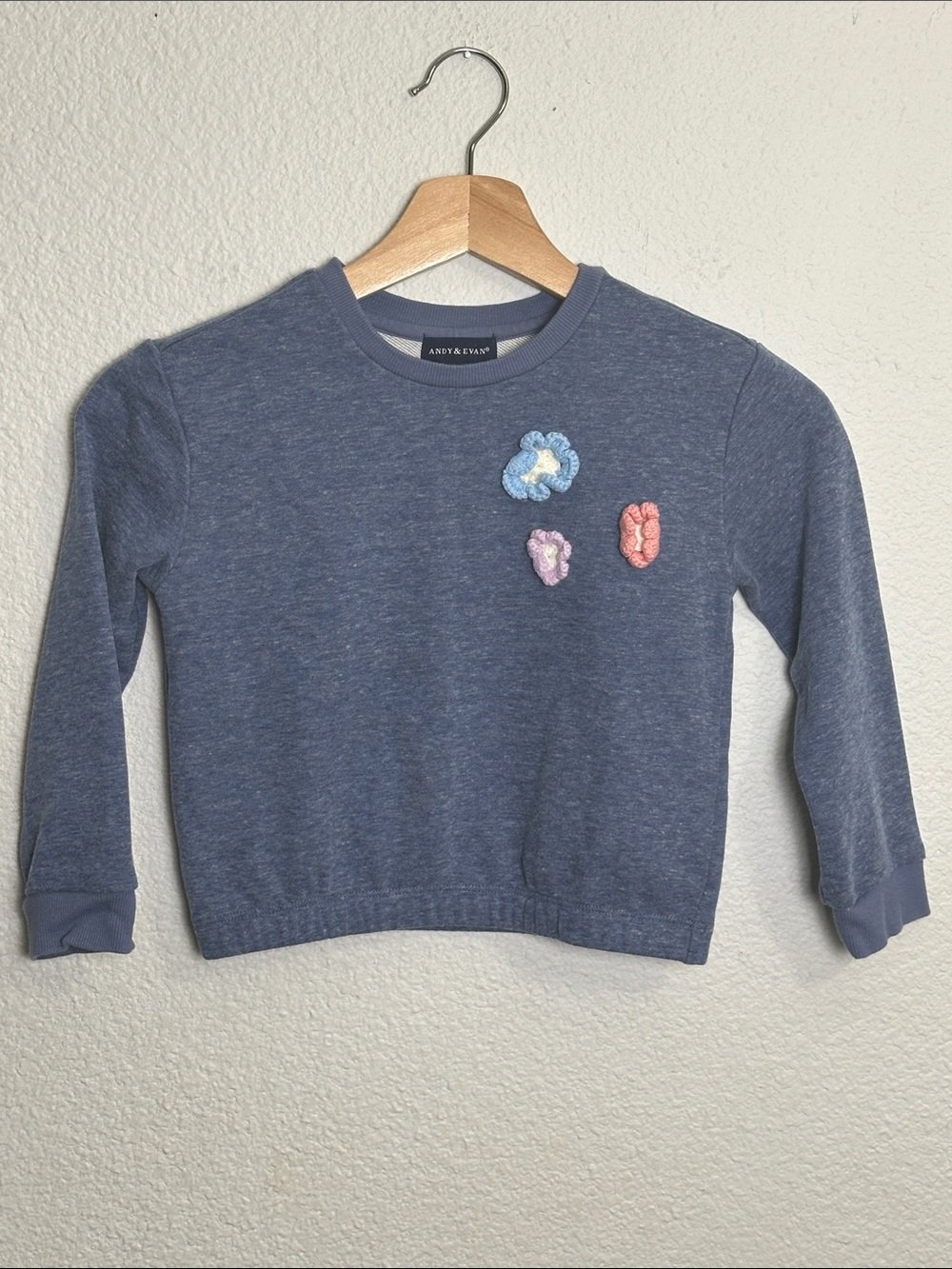 Andy & Evan Youth Girls Sweater Pullover Blue Crochet Floral Size 5 Sweatshirt